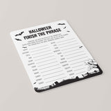 Black and White Halloween Party Game for Groups Printable Finish The Phrase