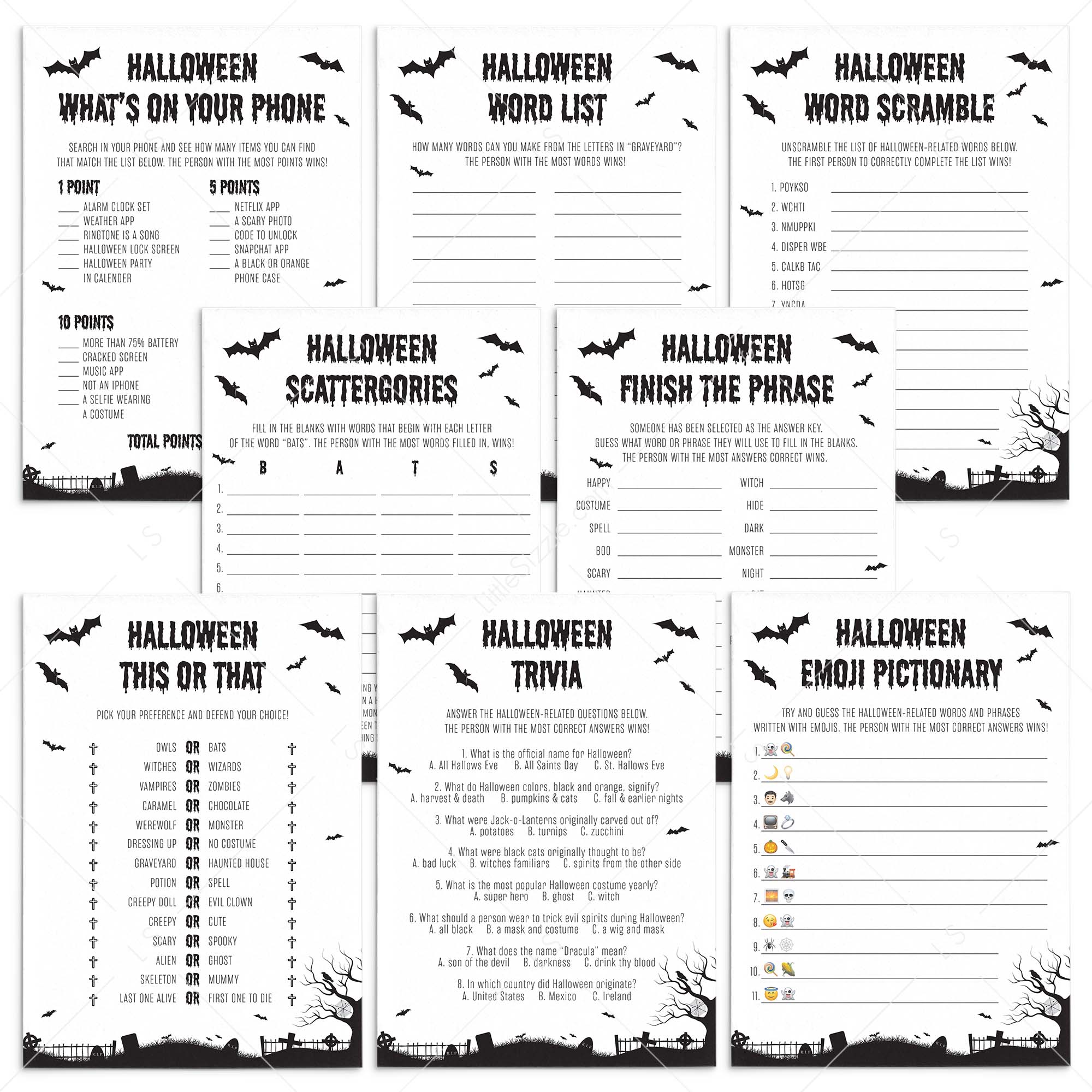 8 Black & White Halloween Party Games Printable by LittleSizzle