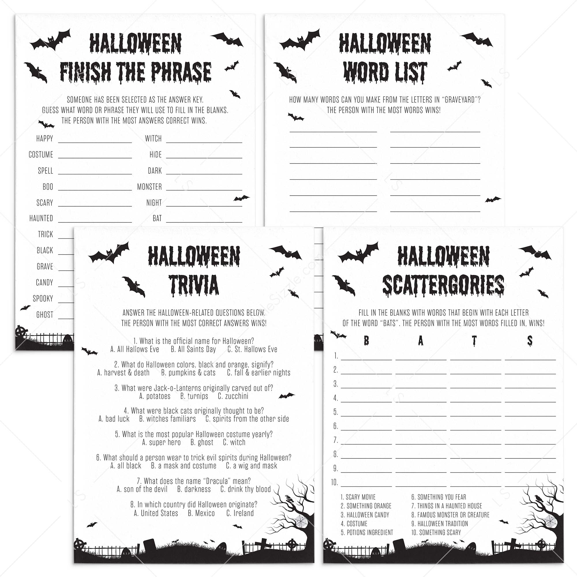 Black and White Theme Halloween Party Games Bundle Printable by LittleSizzle