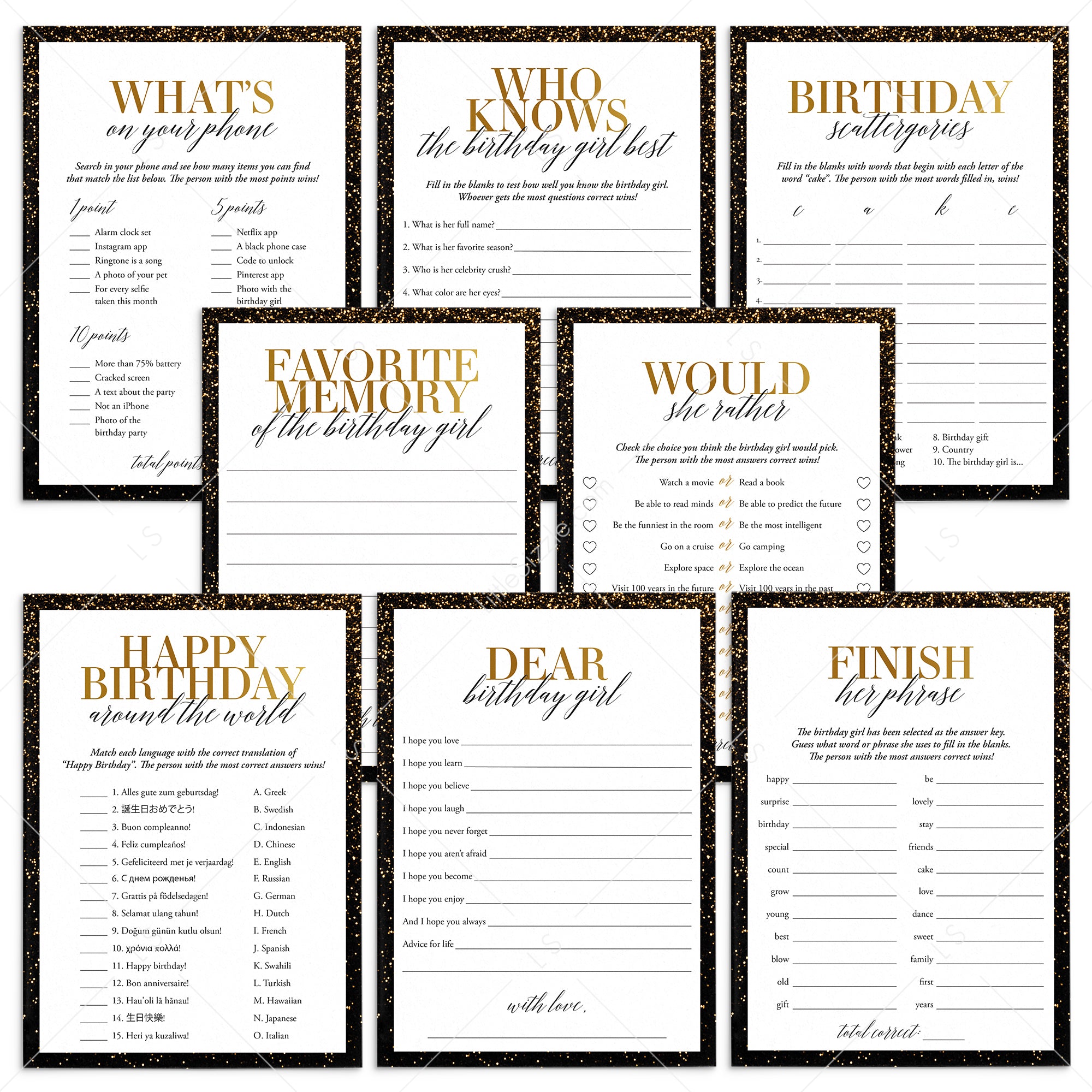Black and Gold Birthday Party Games for Her Printable by LittleSizzle