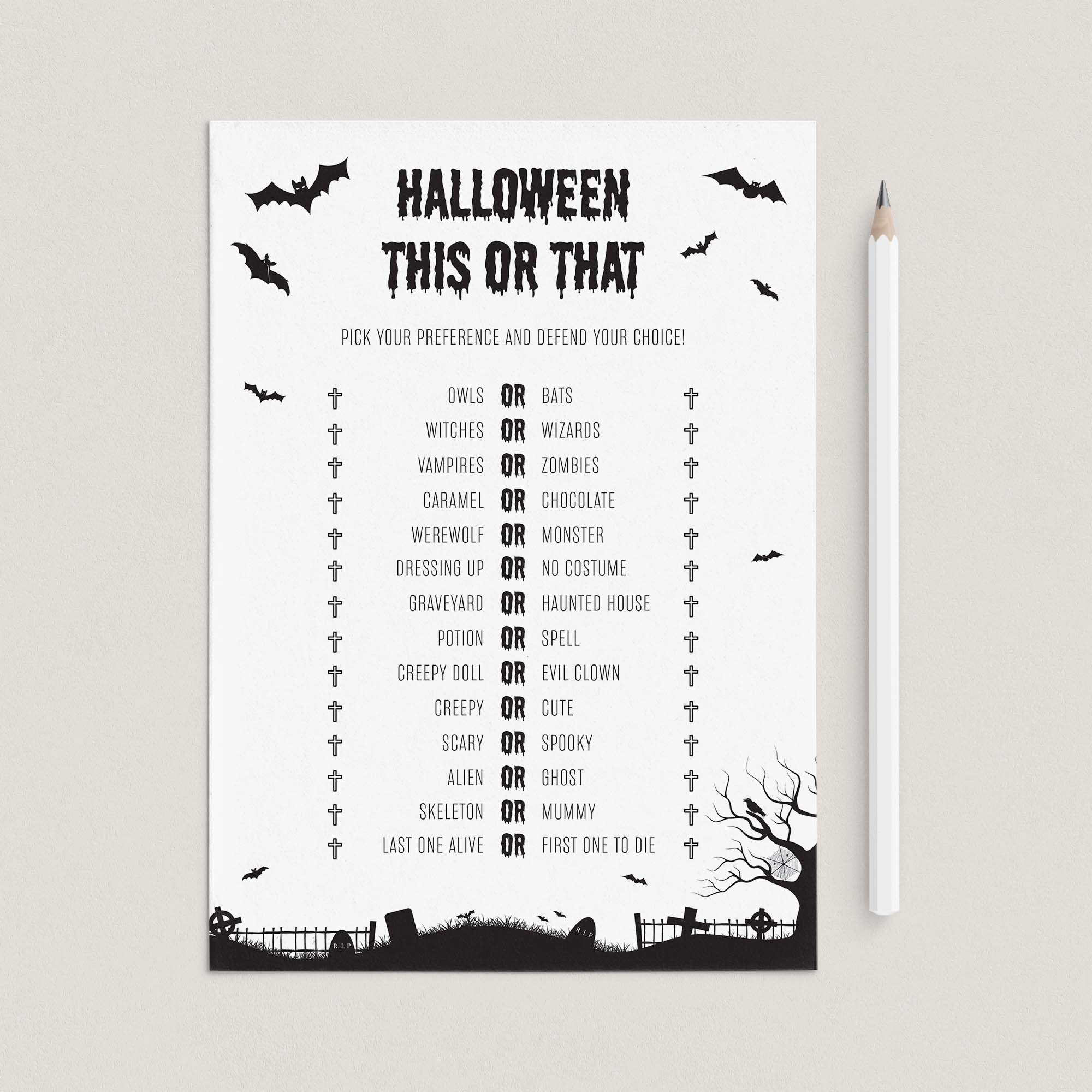 Fun Halloween Party Game This or That Printable Black and White by LittleSizzle
