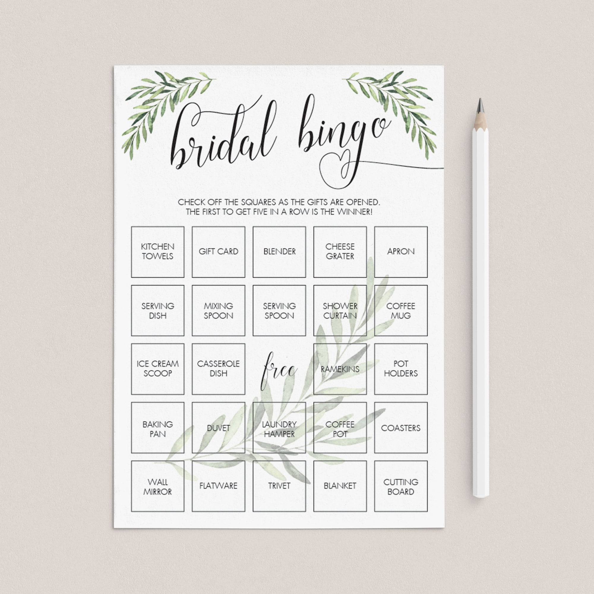 Greenery Bridal Shower Bridal Bingo Game Cards Printable by LittleSizzle