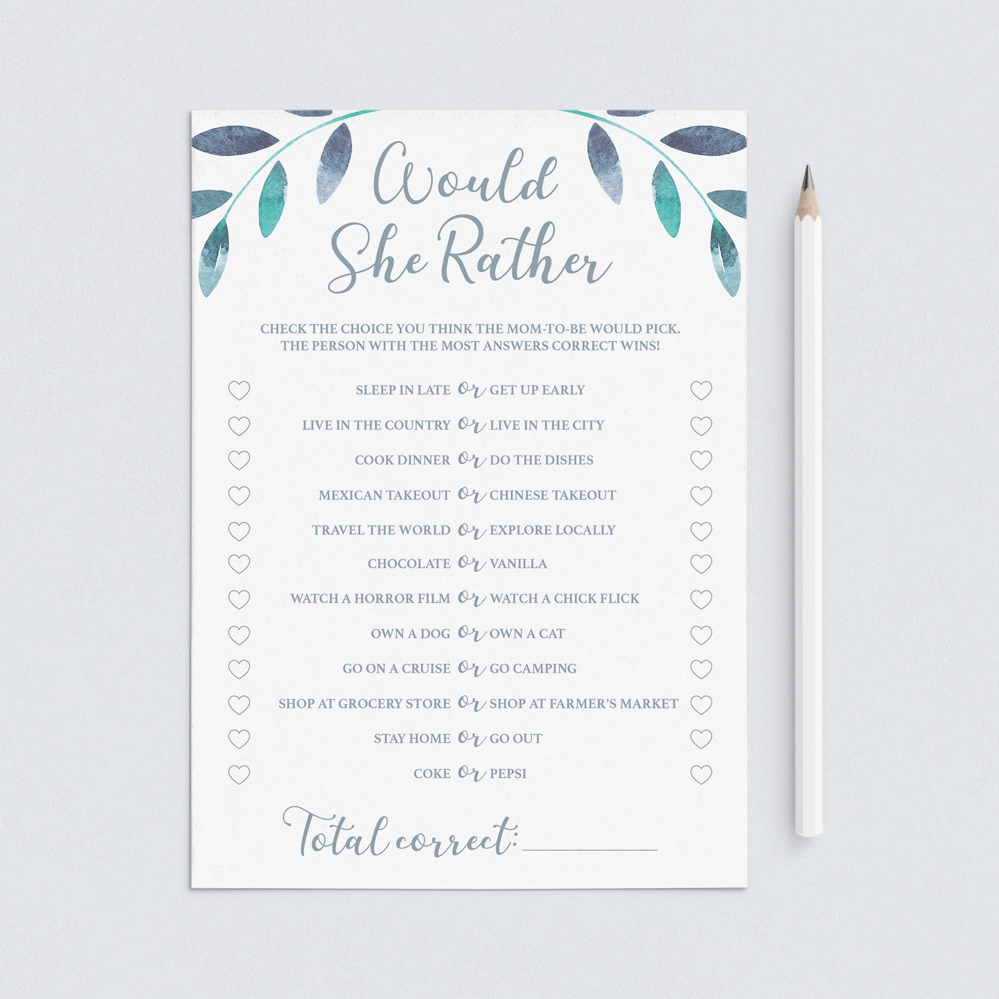 Blue Leaves Baby Shower Game Would She Rather Printable by LittleSizzle