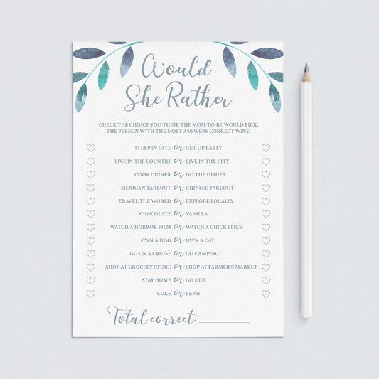 Blue Leaves Baby Shower Game Would She Rather Printable by LittleSizzle