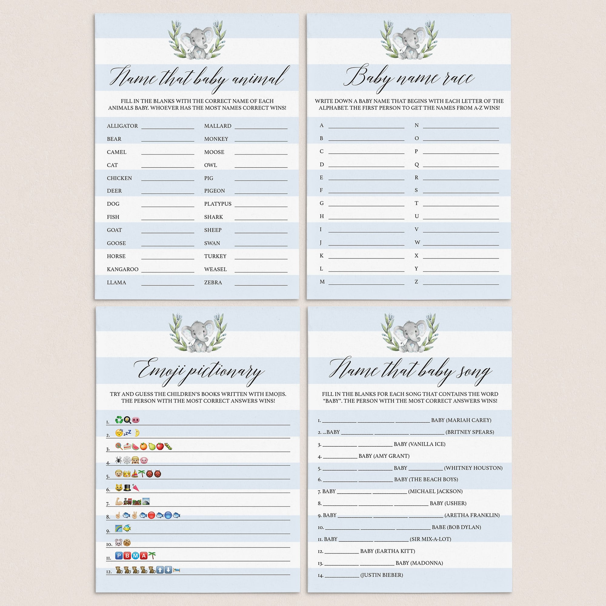 Elephant boy baby shower games bundle instant download by LittleSizzle