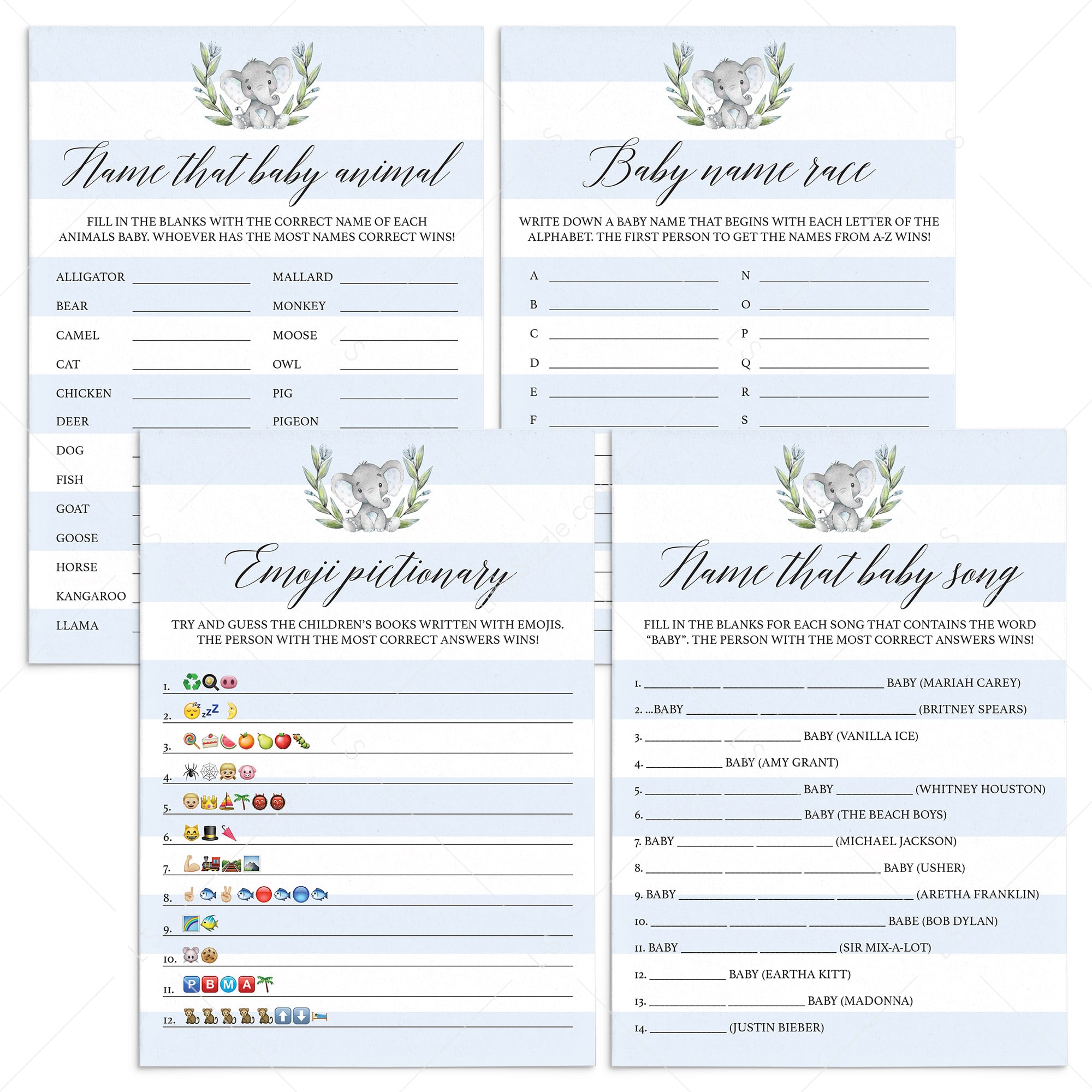 Elephant boy baby shower games bundle instant download by LittleSizzle