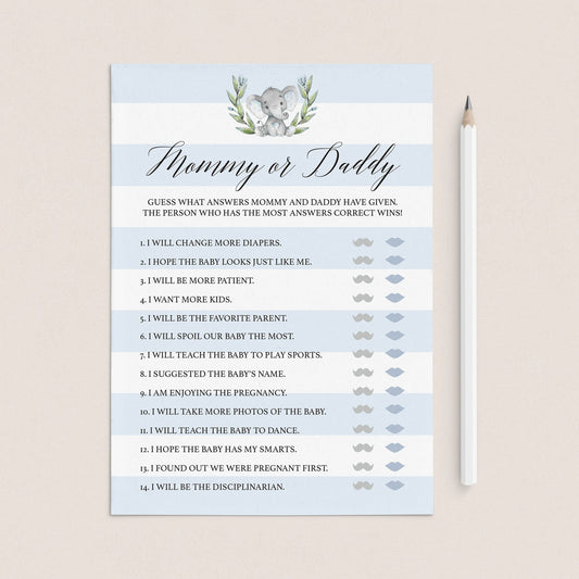 Elephant theme baby shower mommy or daddy quiz printable by LittleSizzle