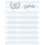 Elephant baby shower gift list printable by LittleSizzle