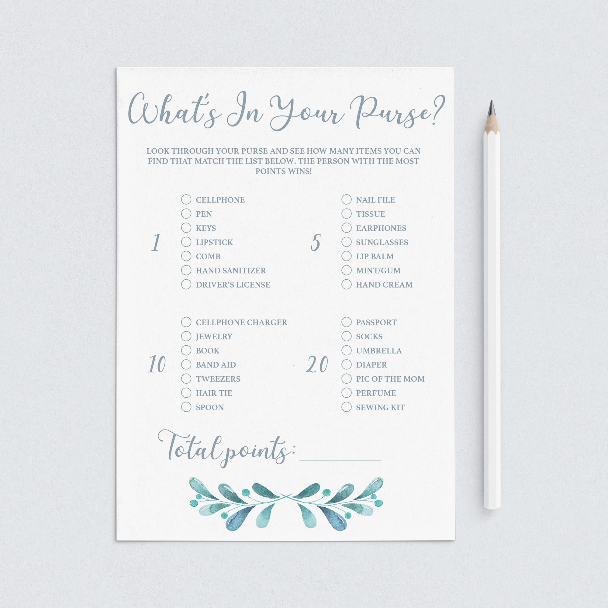 Watercolor Baby Shower Whats In Your Purse Game Printable by LittleSizzle