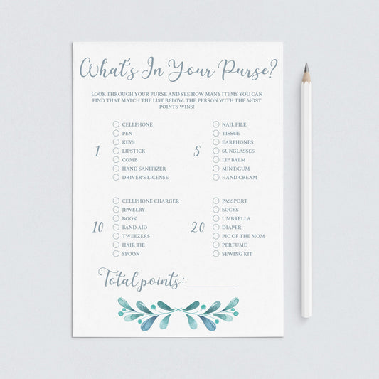 Watercolor Baby Shower Whats In Your Purse Game Printable by LittleSizzle