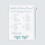 Watercolor Baby Shower Whats In Your Purse Game Printable by LittleSizzle