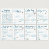 Blue baby shower games printables with watercolor clouds by LittleSizzle