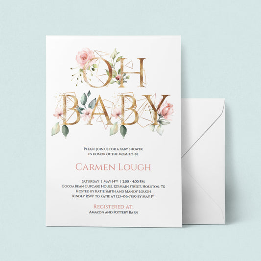 Gold floral pink and green oh baby invitation for girl baby shower by Littlesizzle
