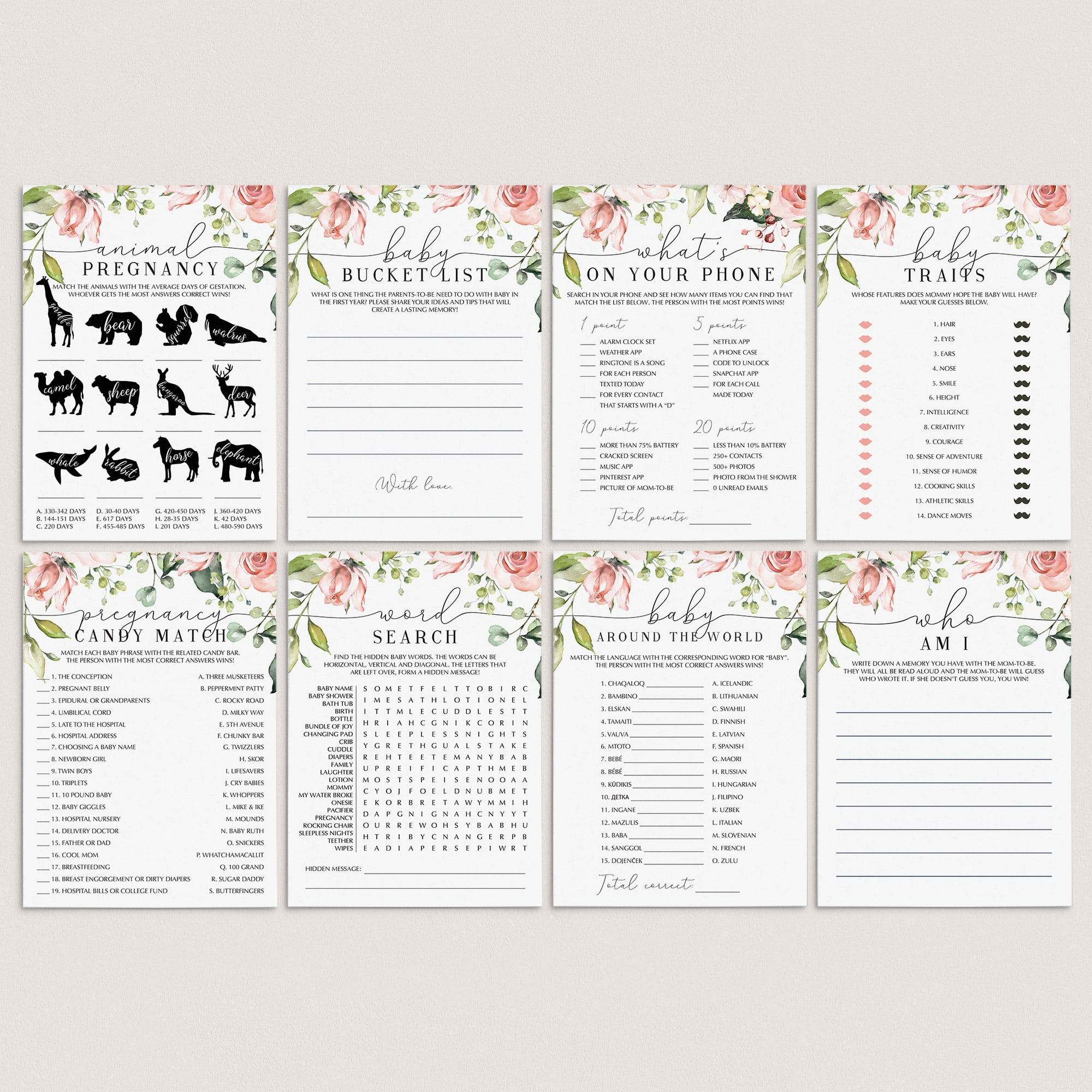 Big Baby Party Games Bundle Printable with Blush Flowers by LittleSizzle