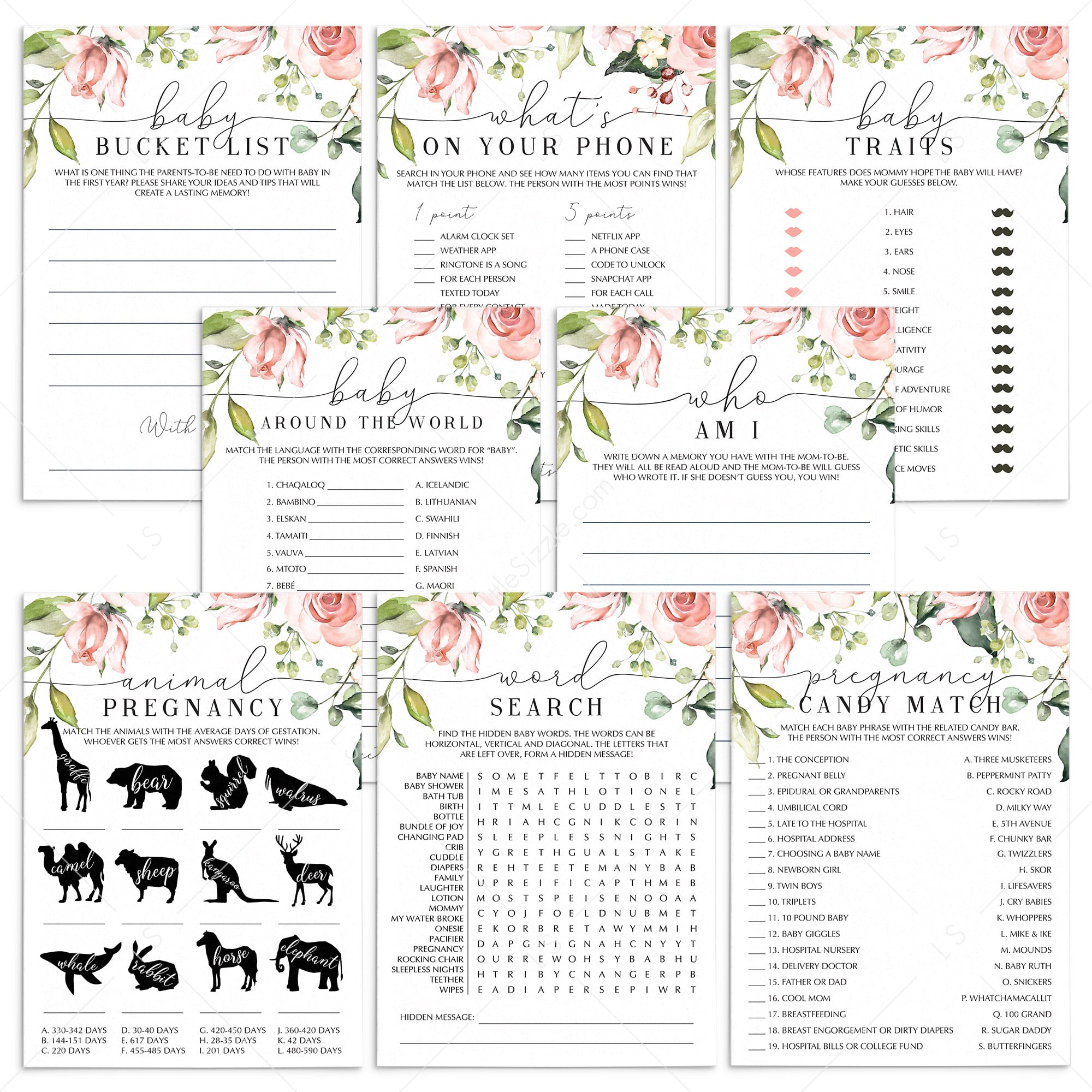 Big Baby Party Games Bundle Printable with Blush Flowers by LittleSizzle