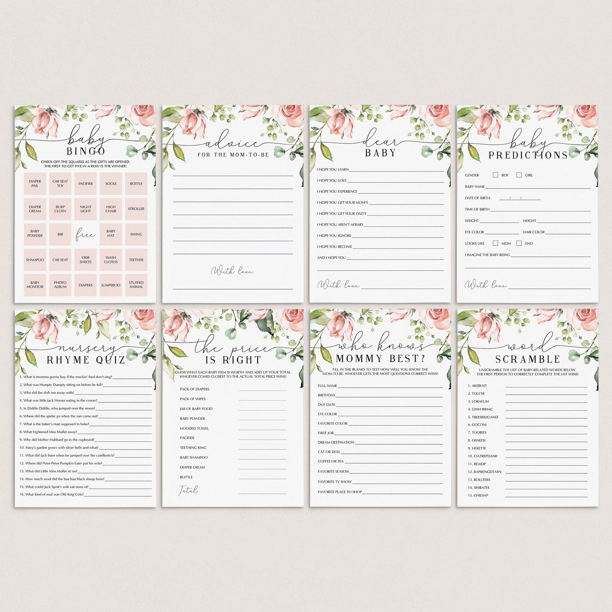 Instant Download Baby Shower Game Package Blush Floral by LittleSizzle