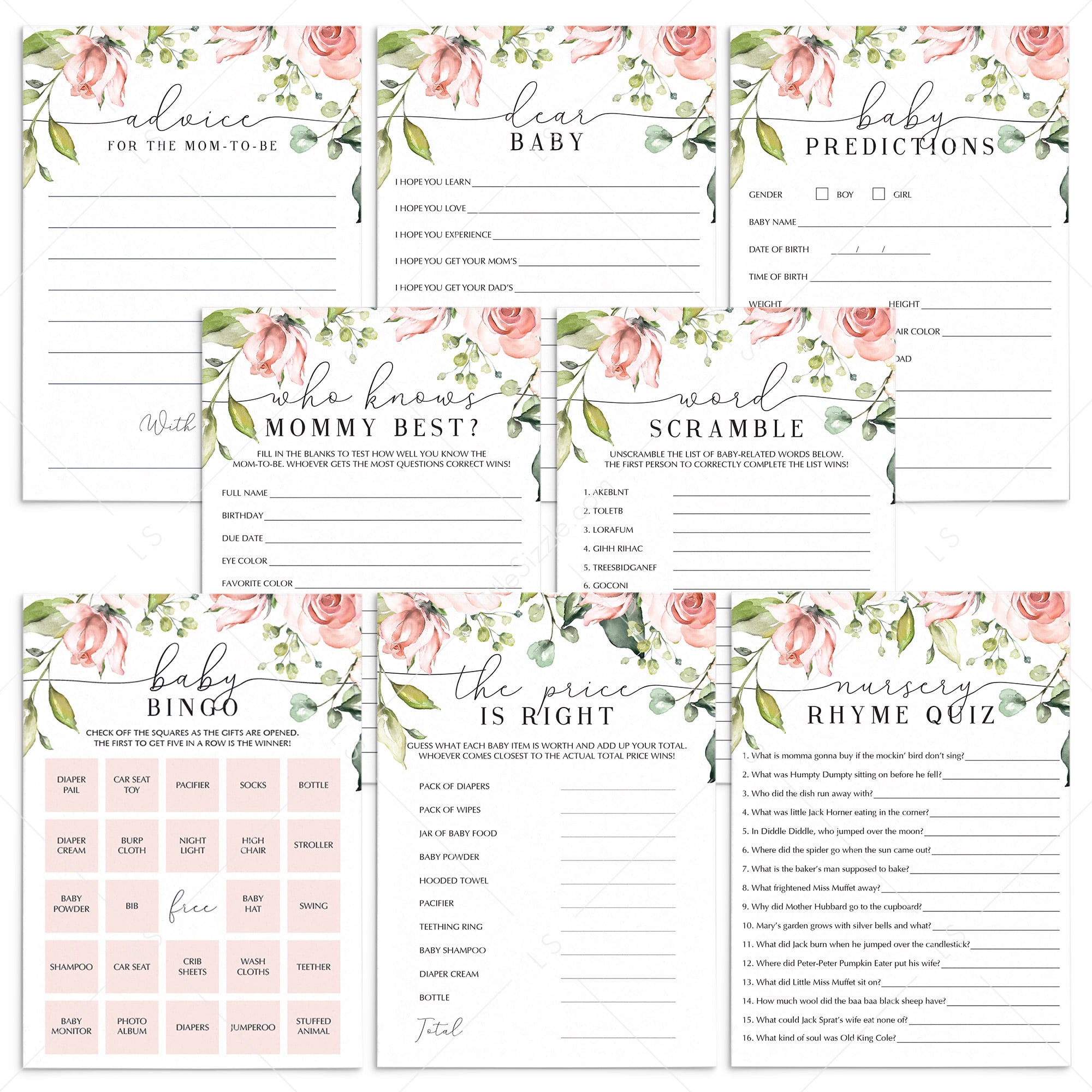 Instant Download Baby Shower Game Package Blush Floral by LittleSizzle