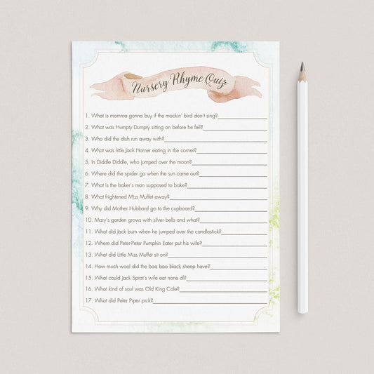 Watercolor Blush Baby Nursery Rhyme Quiz Printable