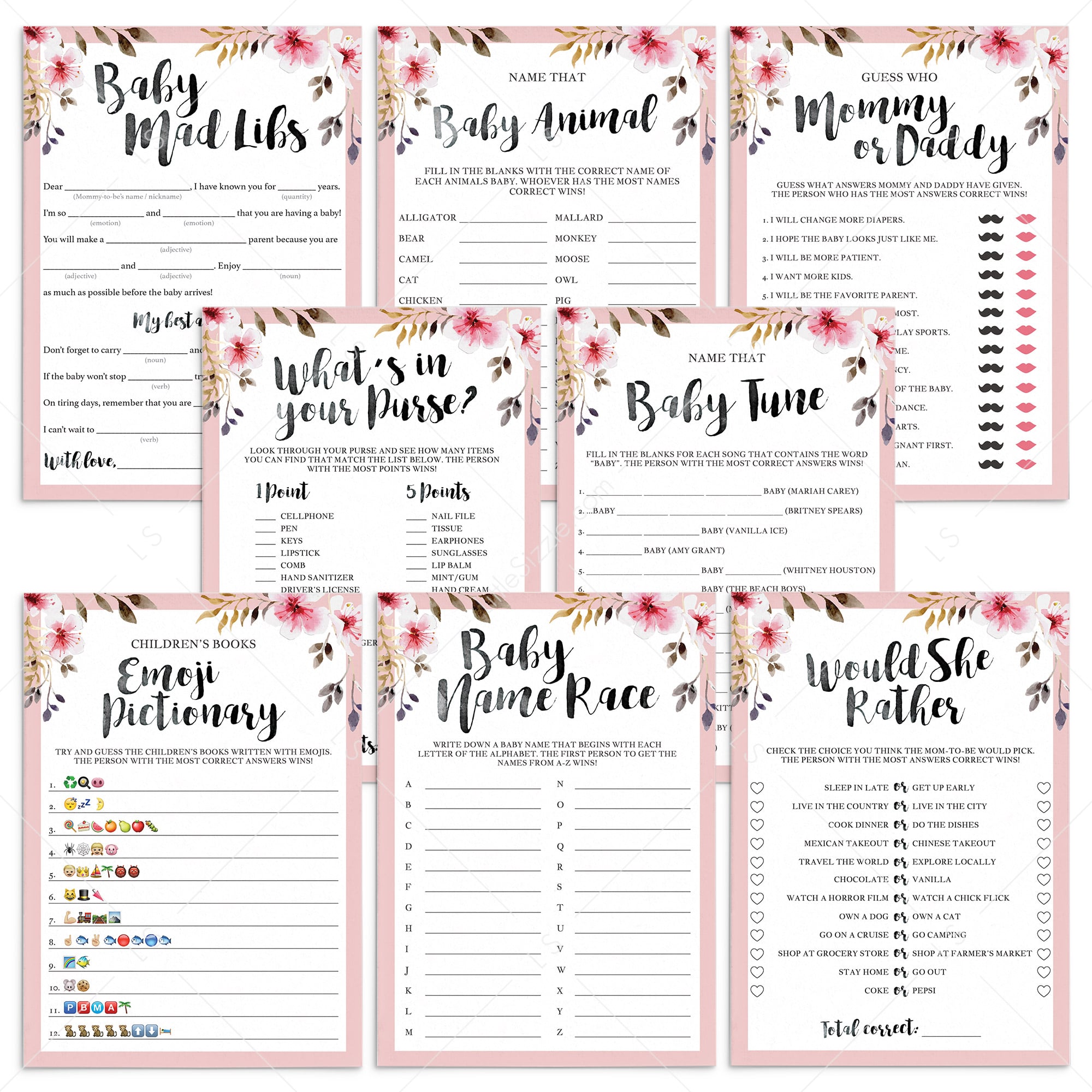 Baby shower games package floral printable by LittleSizzle