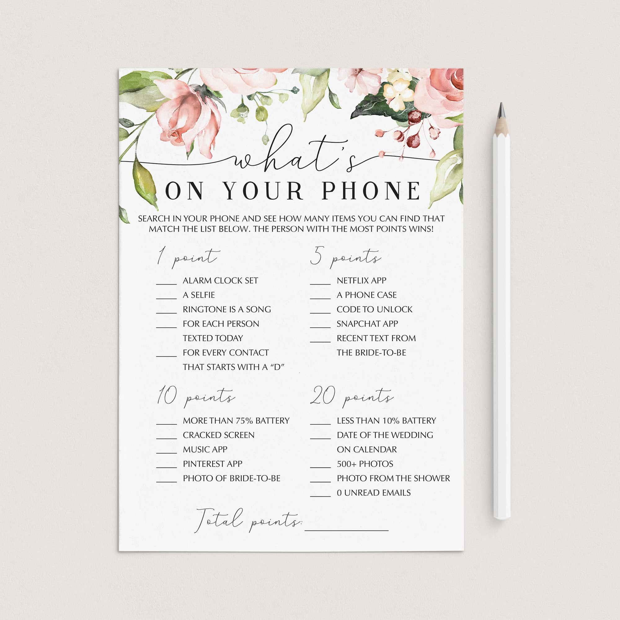 Blush Roses What's On Your Phone Bridal Shower Game Printable by LittleSizzle