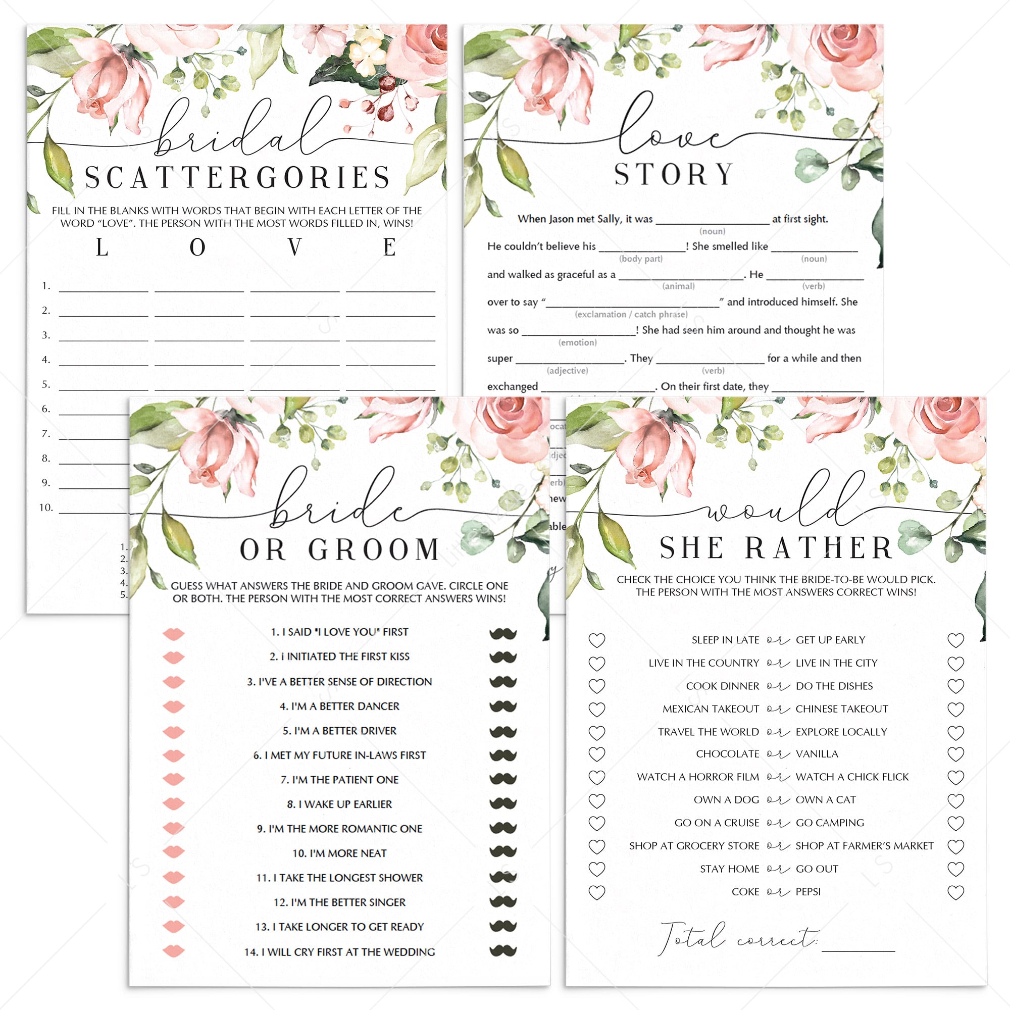 blush bridal shower games with watercolor flowers to print at home by LittleSizzle