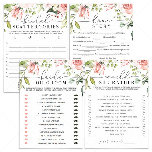 blush bridal shower games with watercolor flowers to print at home by LittleSizzle