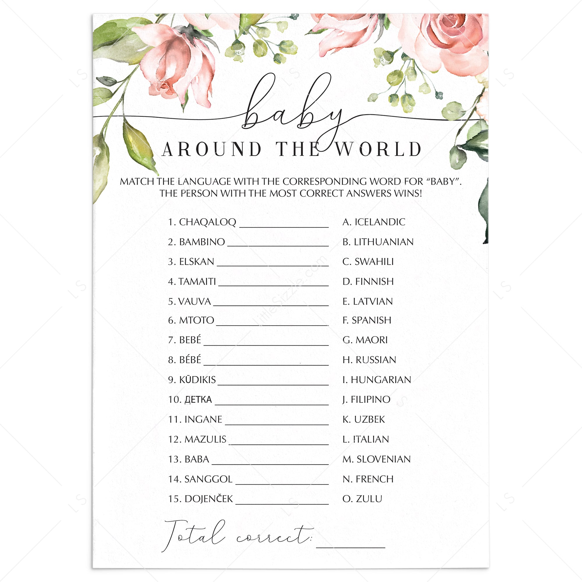 Blush Floral baby shower Language Game printable | Instant download