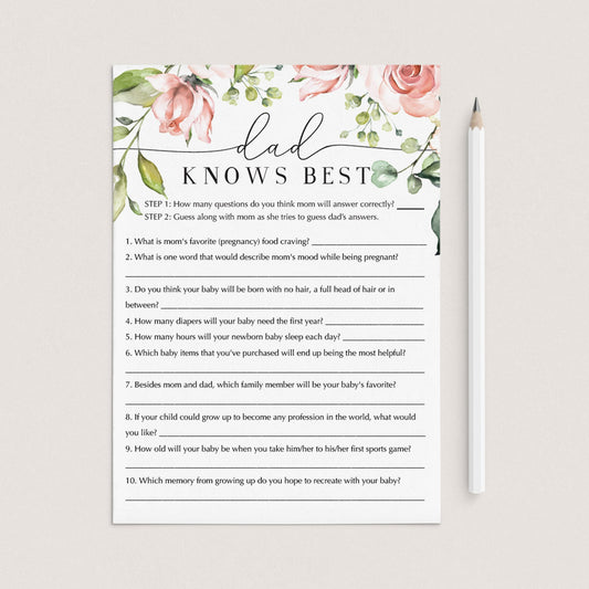 Dad Knows Best Printable Baby Shower Game Floral Theme