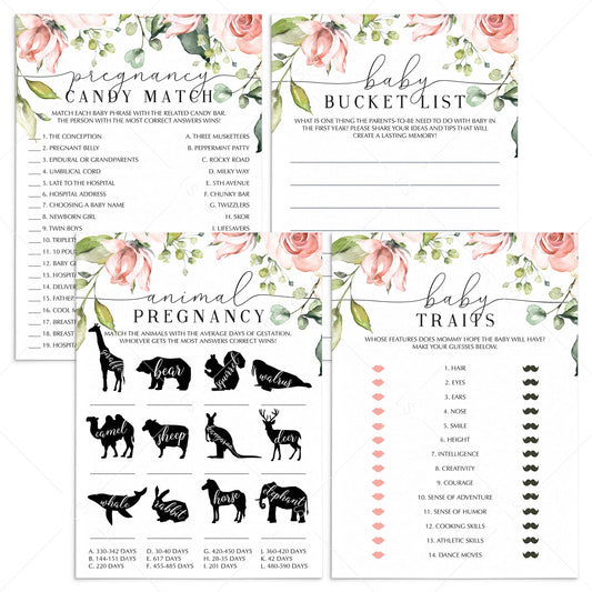 Blush Floral and Greenery Baby Shower Games Bundle by LittleSizzle