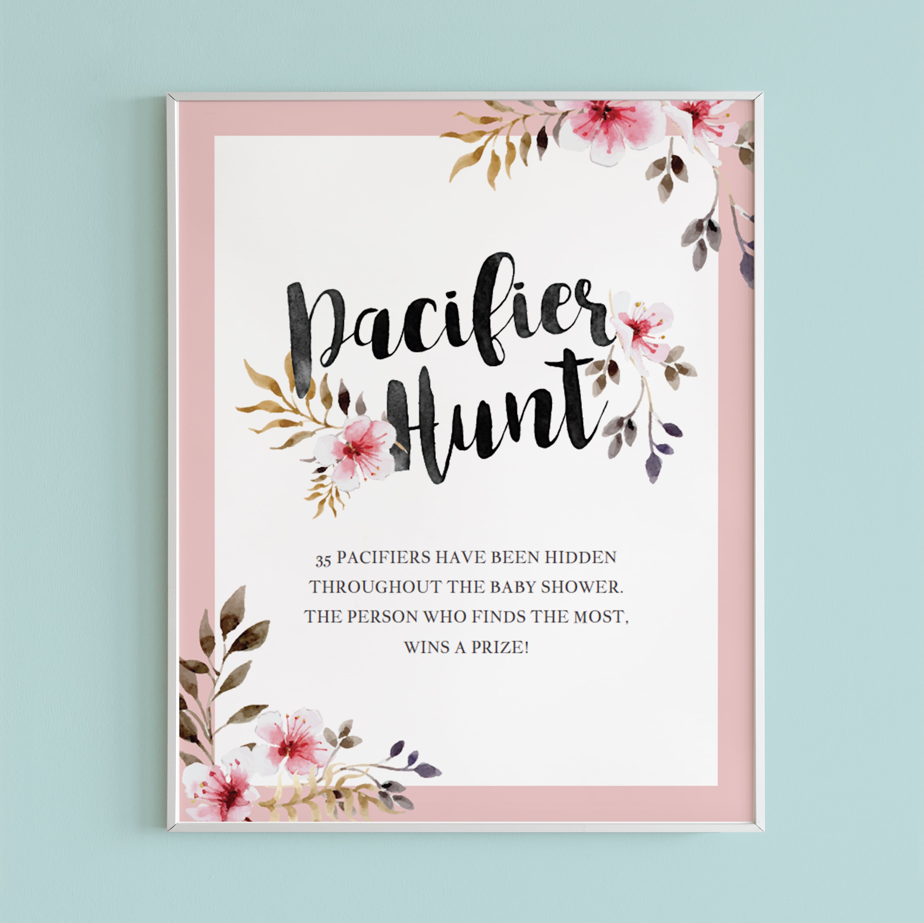 Pacifier hunt game sign for girl baby shower editable PDF by LittleSizzle