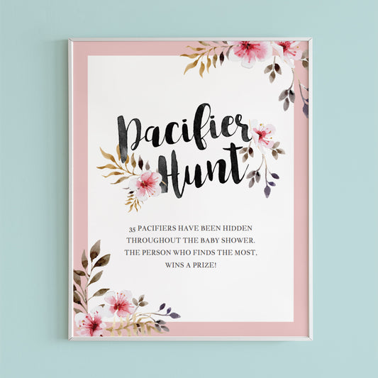 Pacifier hunt game sign for girl baby shower editable PDF by LittleSizzle