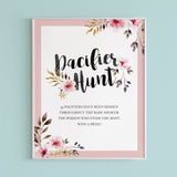 Pacifier hunt game sign for girl baby shower editable PDF by LittleSizzle