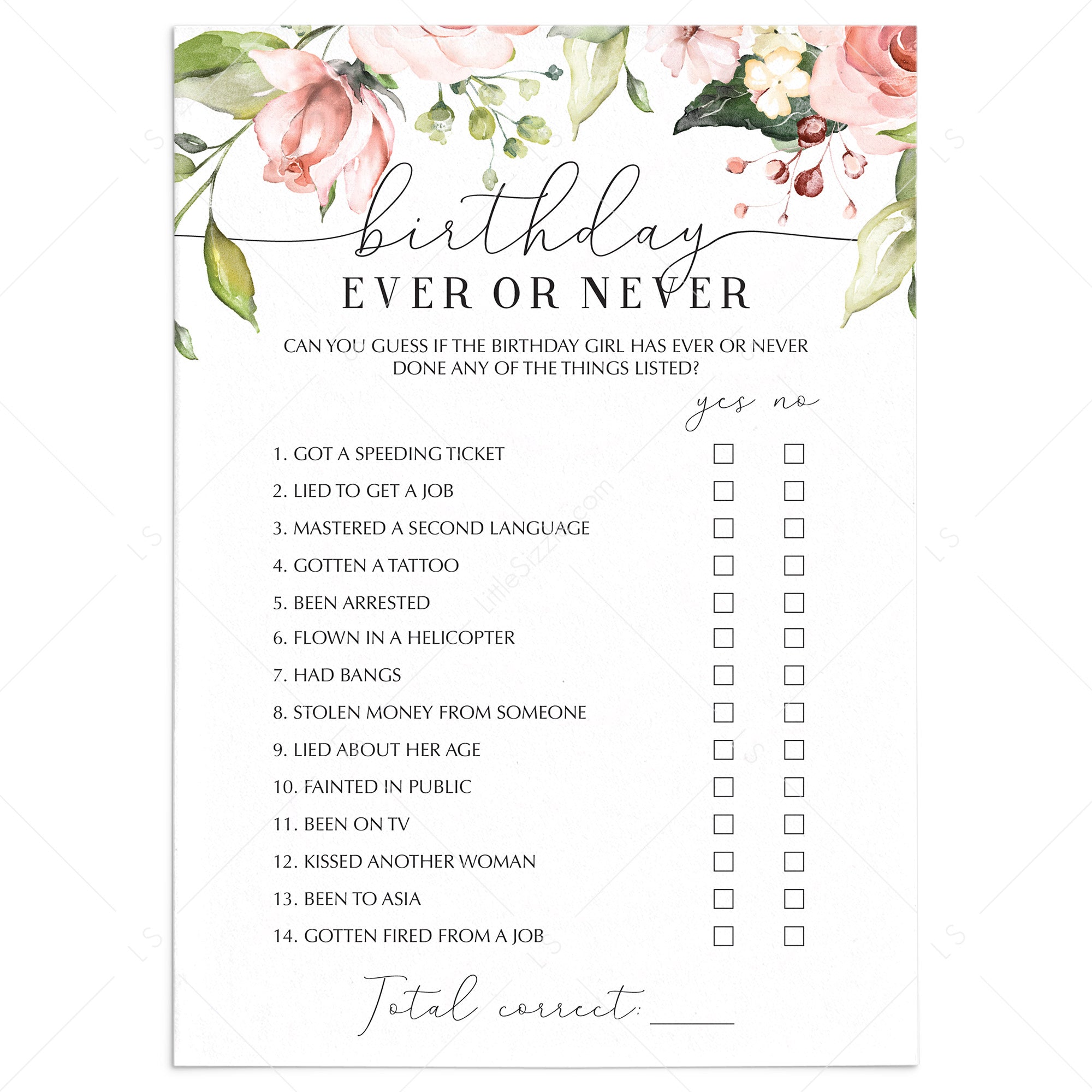 Ladies Birthday Party Game Ever or Never Printable by LittleSizzle