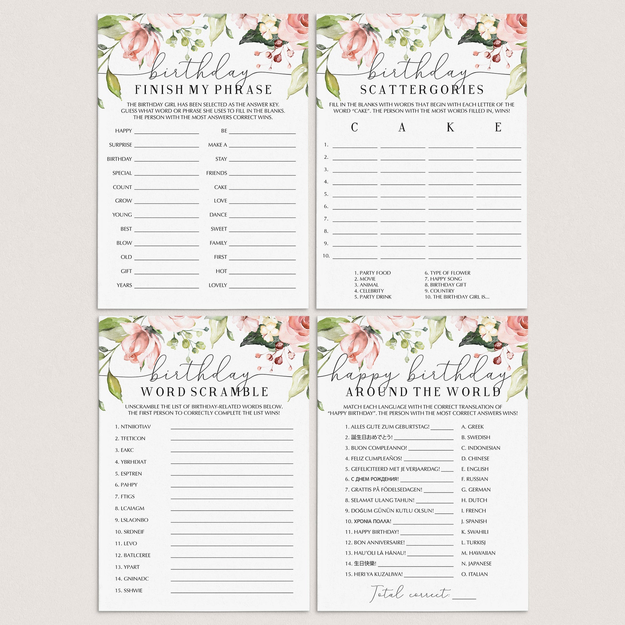 Blush Floral Girl Birthday Party Games Bundle by LittleSizzle