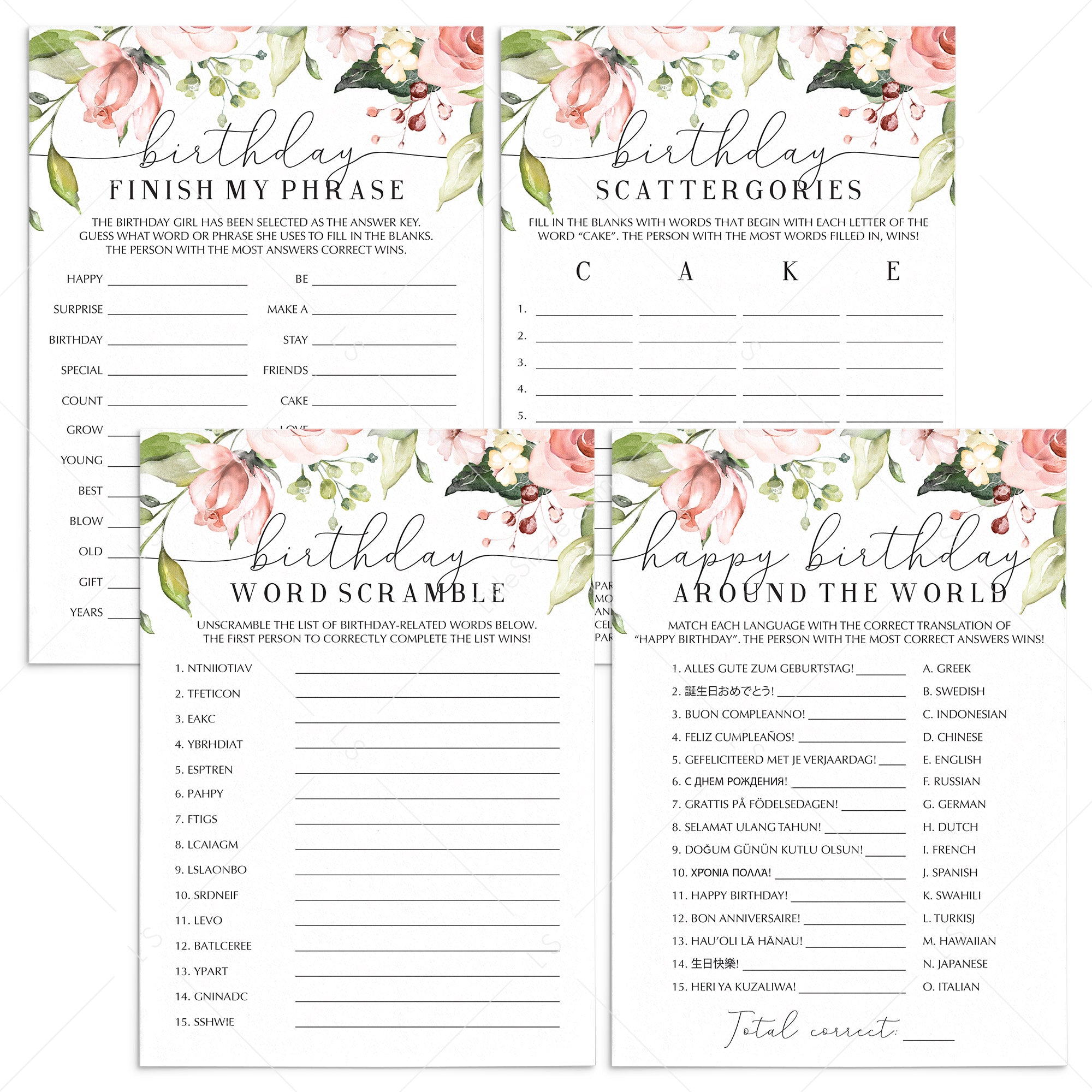 Blush Floral Girl Birthday Party Games Bundle by LittleSizzle