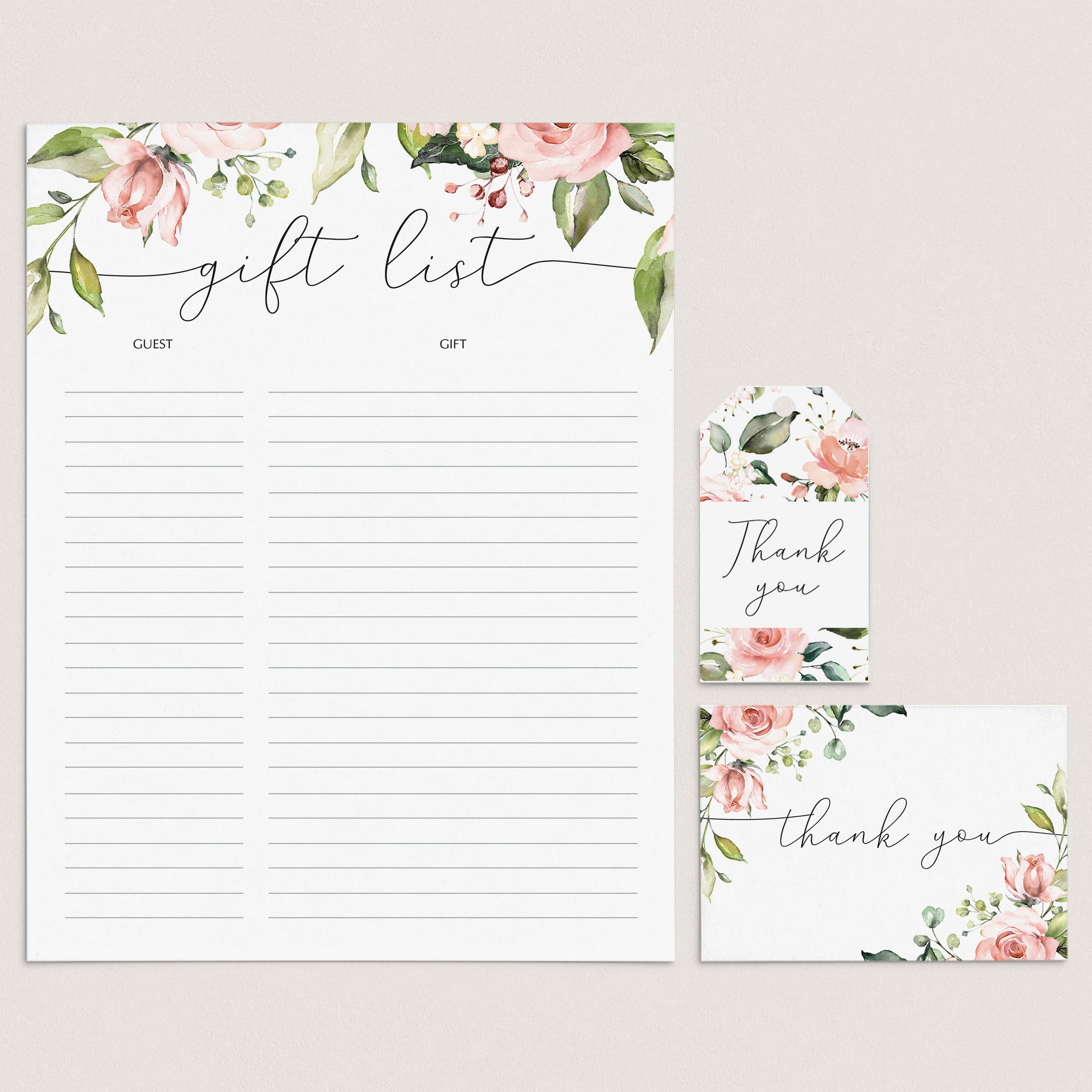 Blush floral party printables gift tracker and thank yous by LittleSizzle