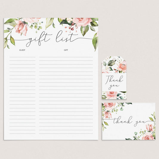 Blush floral party printables gift tracker and thank yous by LittleSizzle