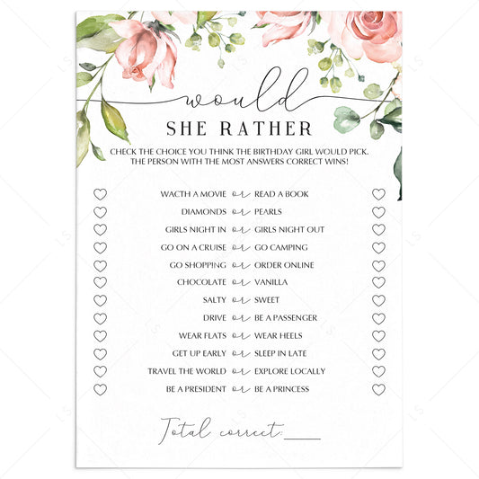 Blush Floral Would She Rather Birthday Party Game Printable by LittleSizzle