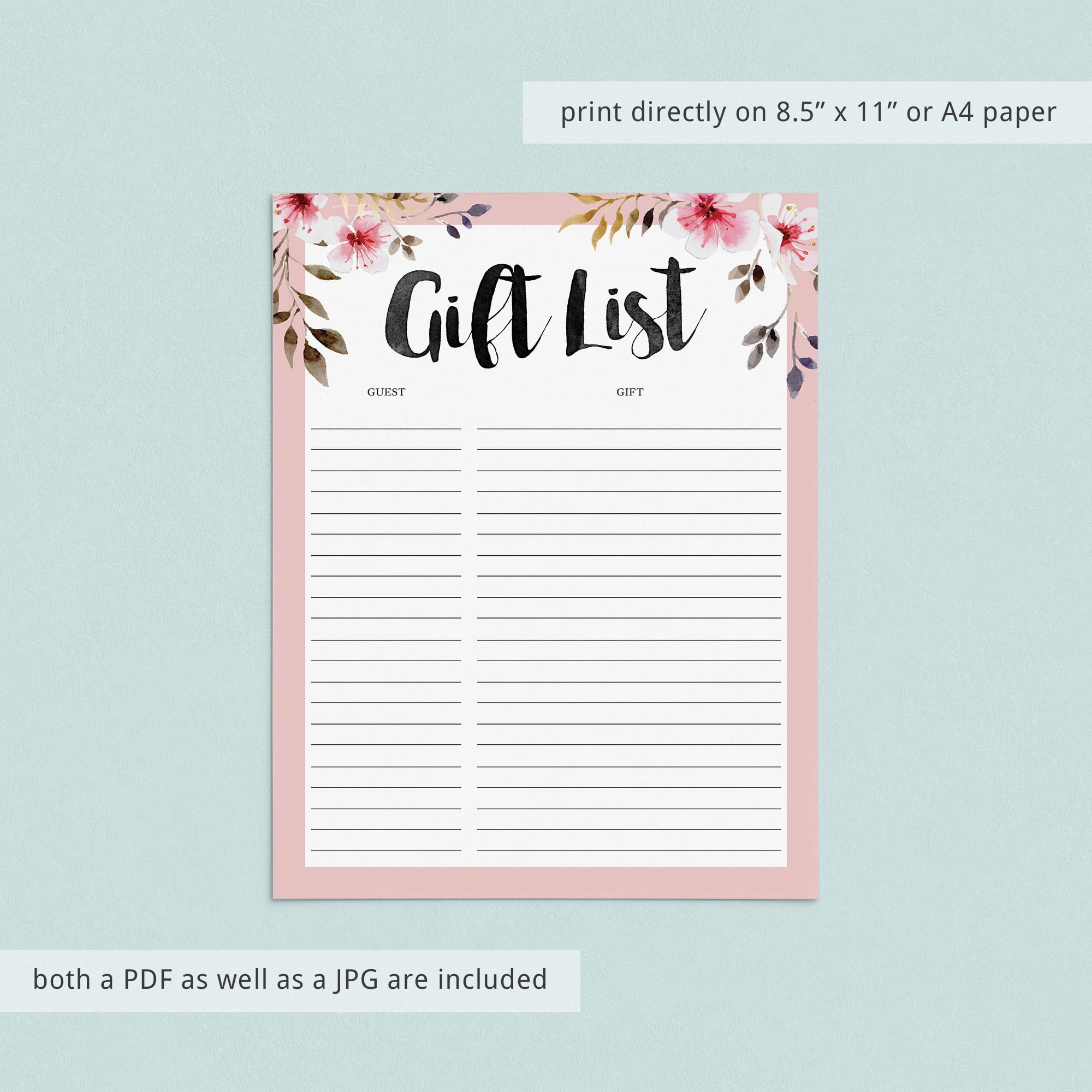 Gift list printable PDF file with pink flowers by LittleSizzle