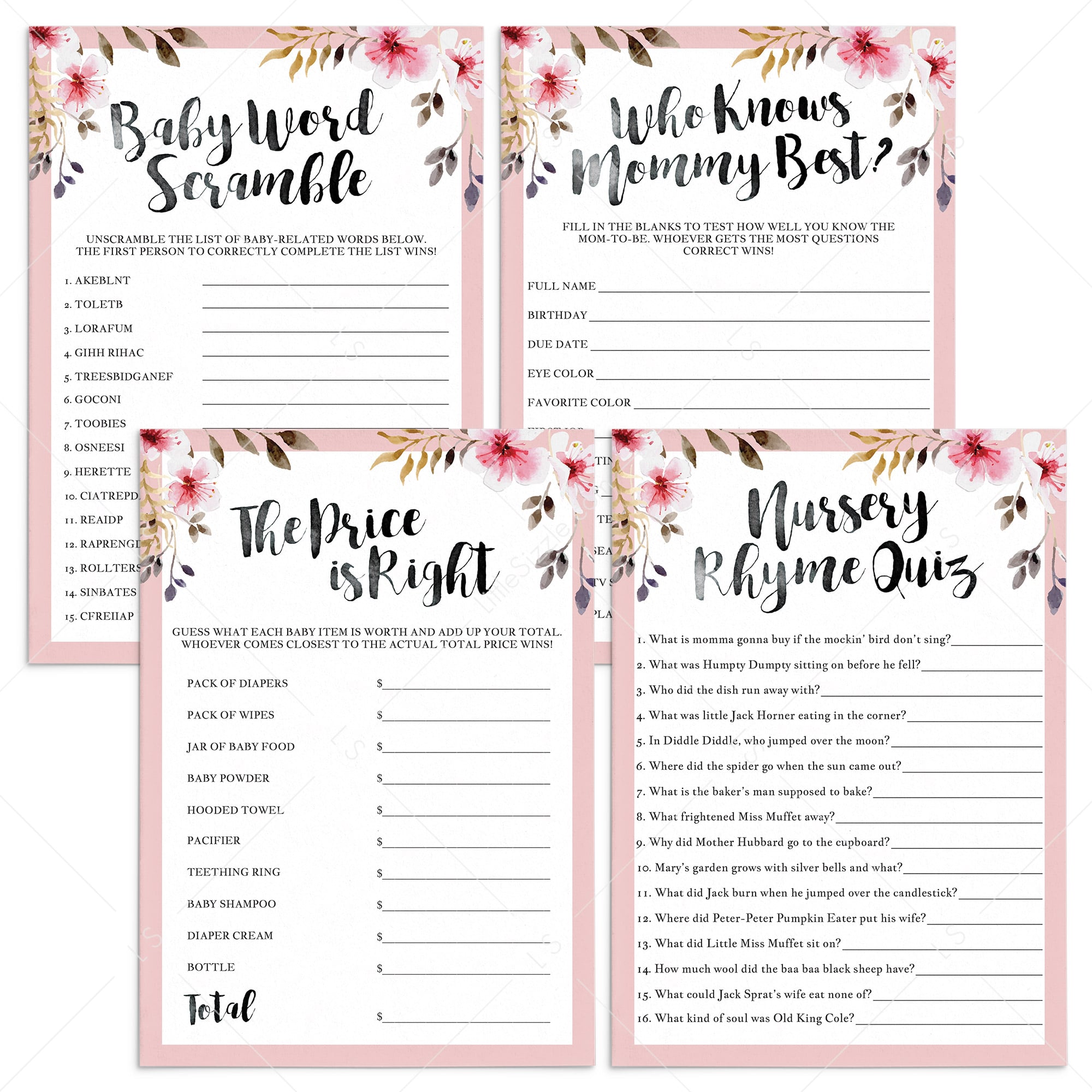 Floral themed DIY baby shower games bundle printable by LittleSizzle