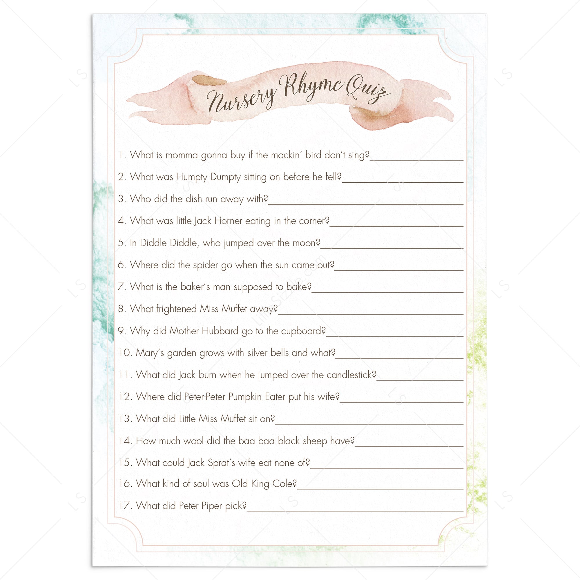 Watercolor Baby Nursery Rhyme Quiz Printable by LittleSizzle