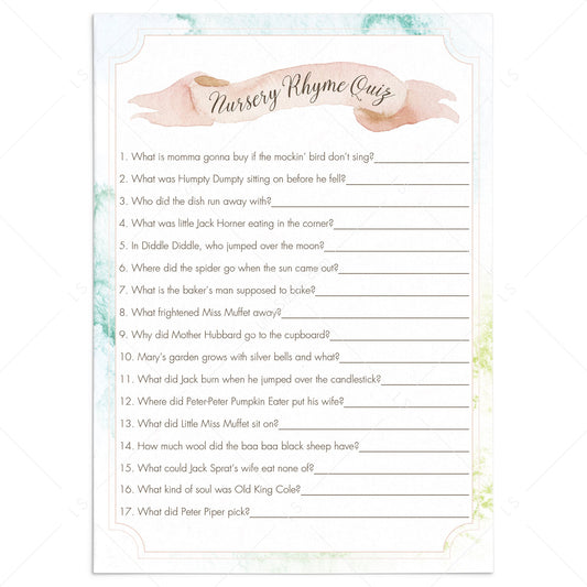 Watercolor Baby Nursery Rhyme Quiz Printable by LittleSizzle