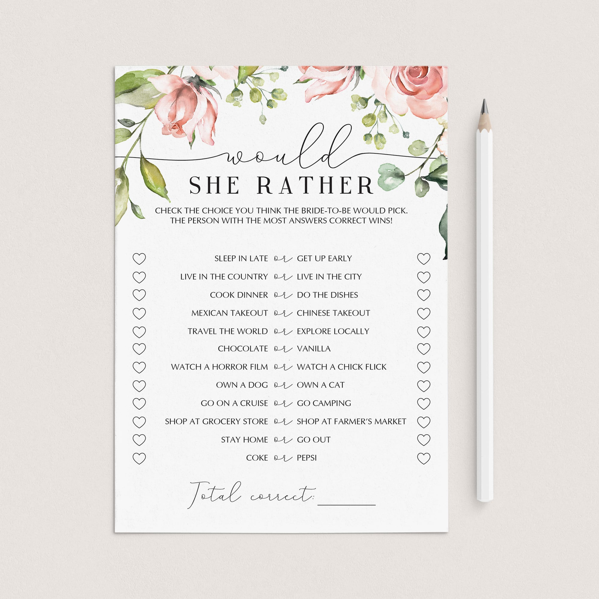 blush wedding shower would she rather game template