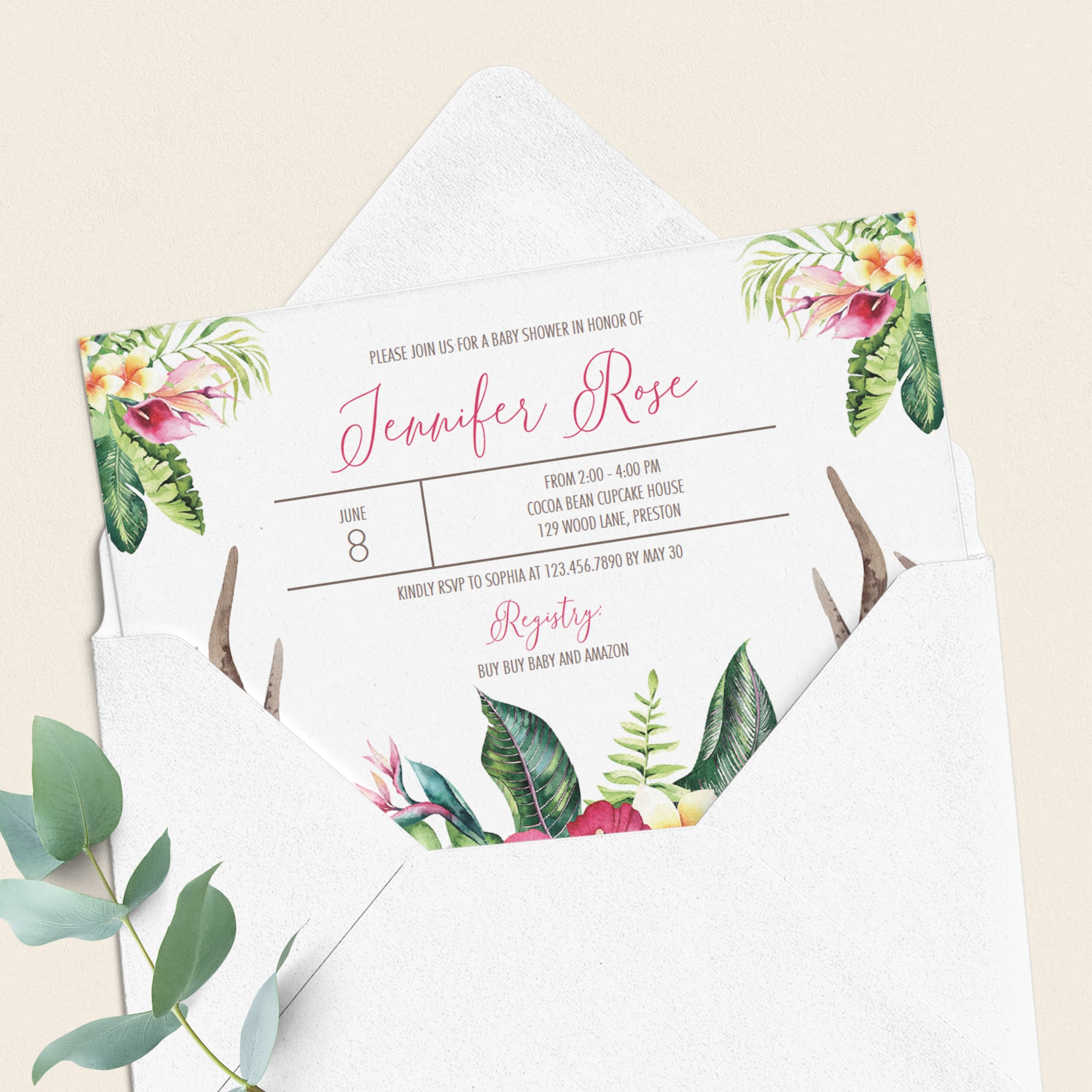 Bohemian flowers girl baby shower evite download PDF by LittleSizzle