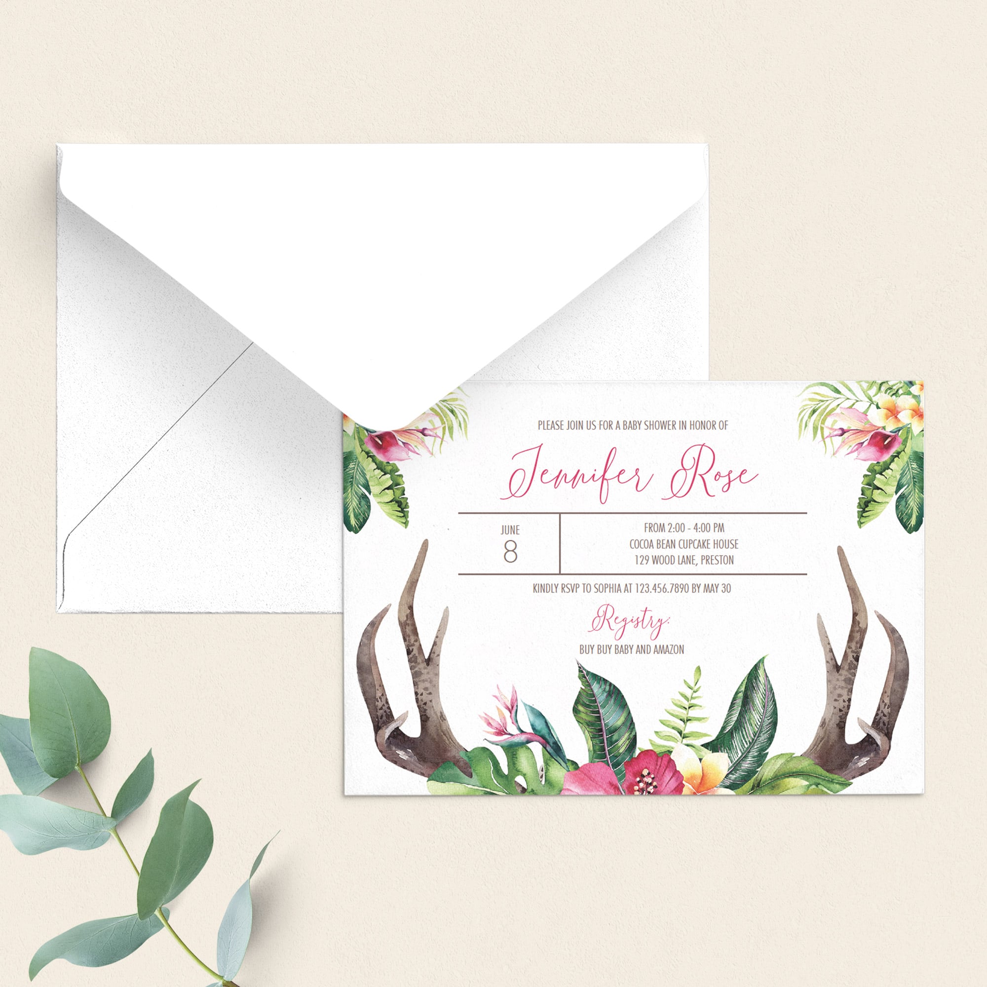Baby antler and pink flowers editable baby shower invite by LittleSizzle