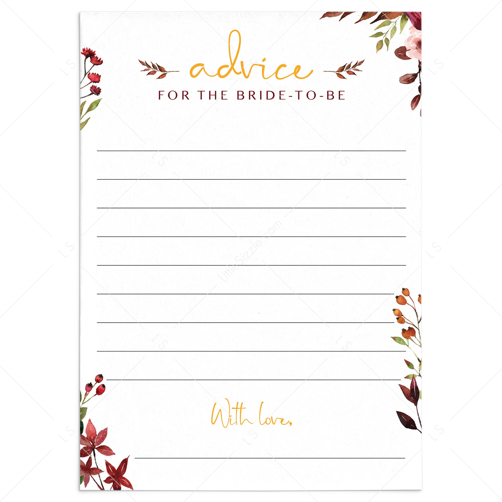 Red floral bridal shower advice cards printable by LittleSizzle