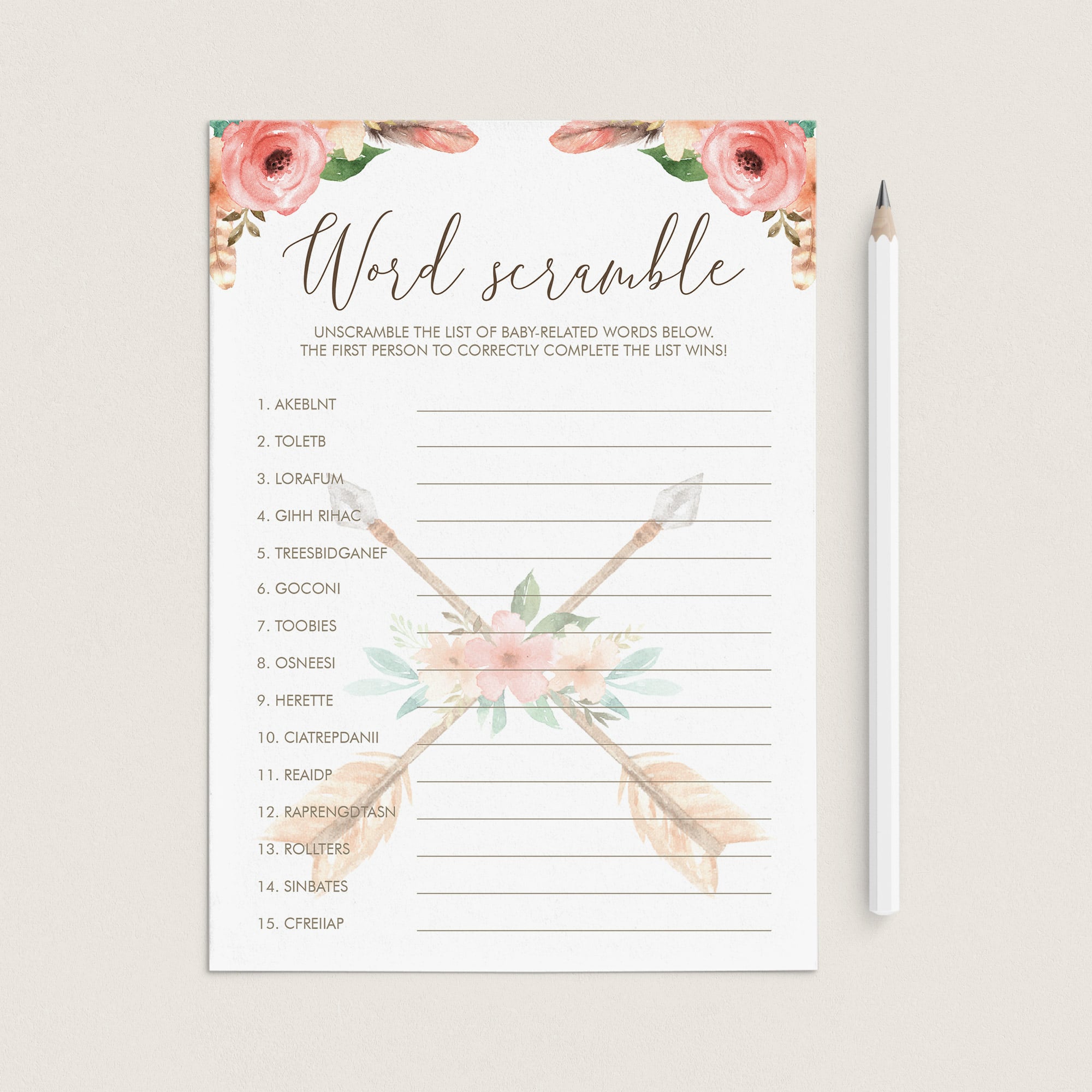 Floral Aztec Baby Shower Game Baby Word Scramble by LittleSizzle