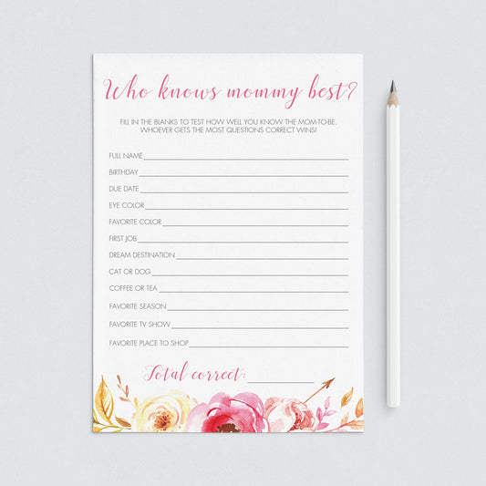 Who knows mommy best baby showers game pink floral by LittleSizzle