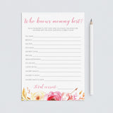 Who knows mommy best baby showers game pink floral by LittleSizzle