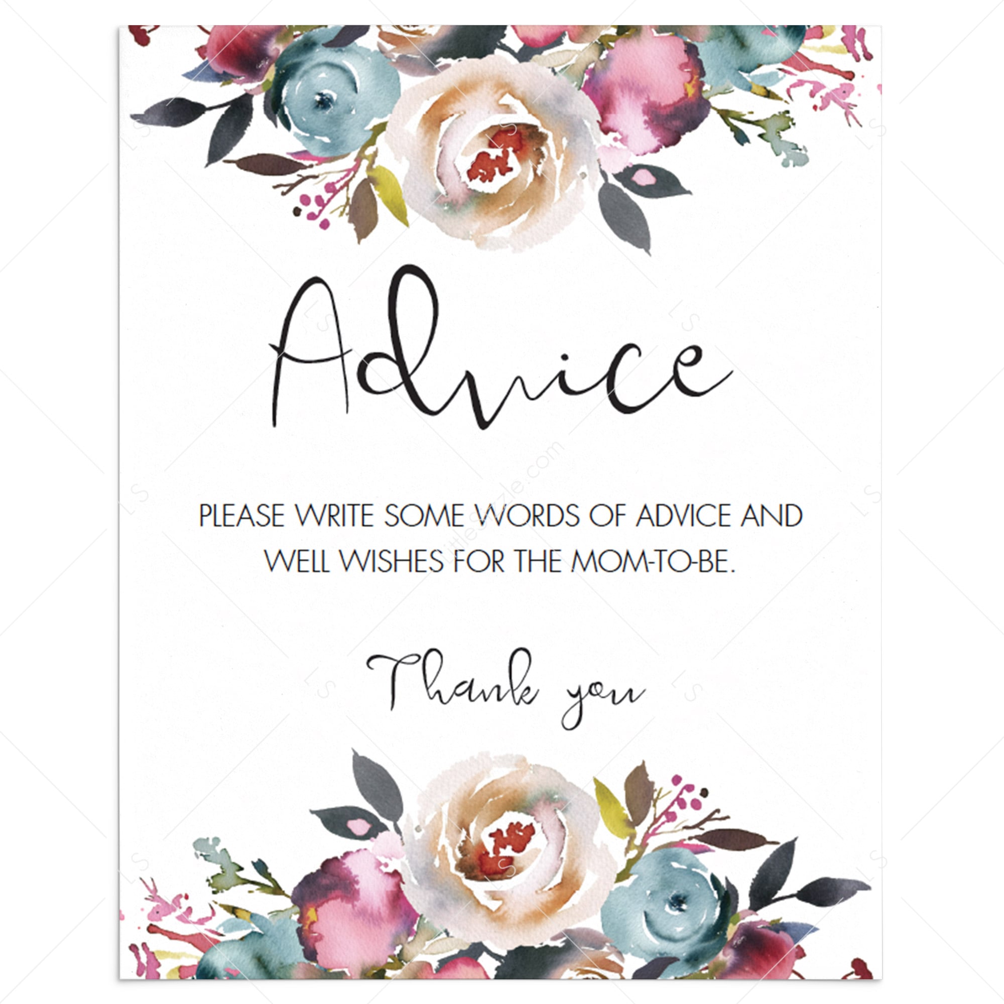 Watercolor flower boho shower advice for new mom sign by LittleSizzle
